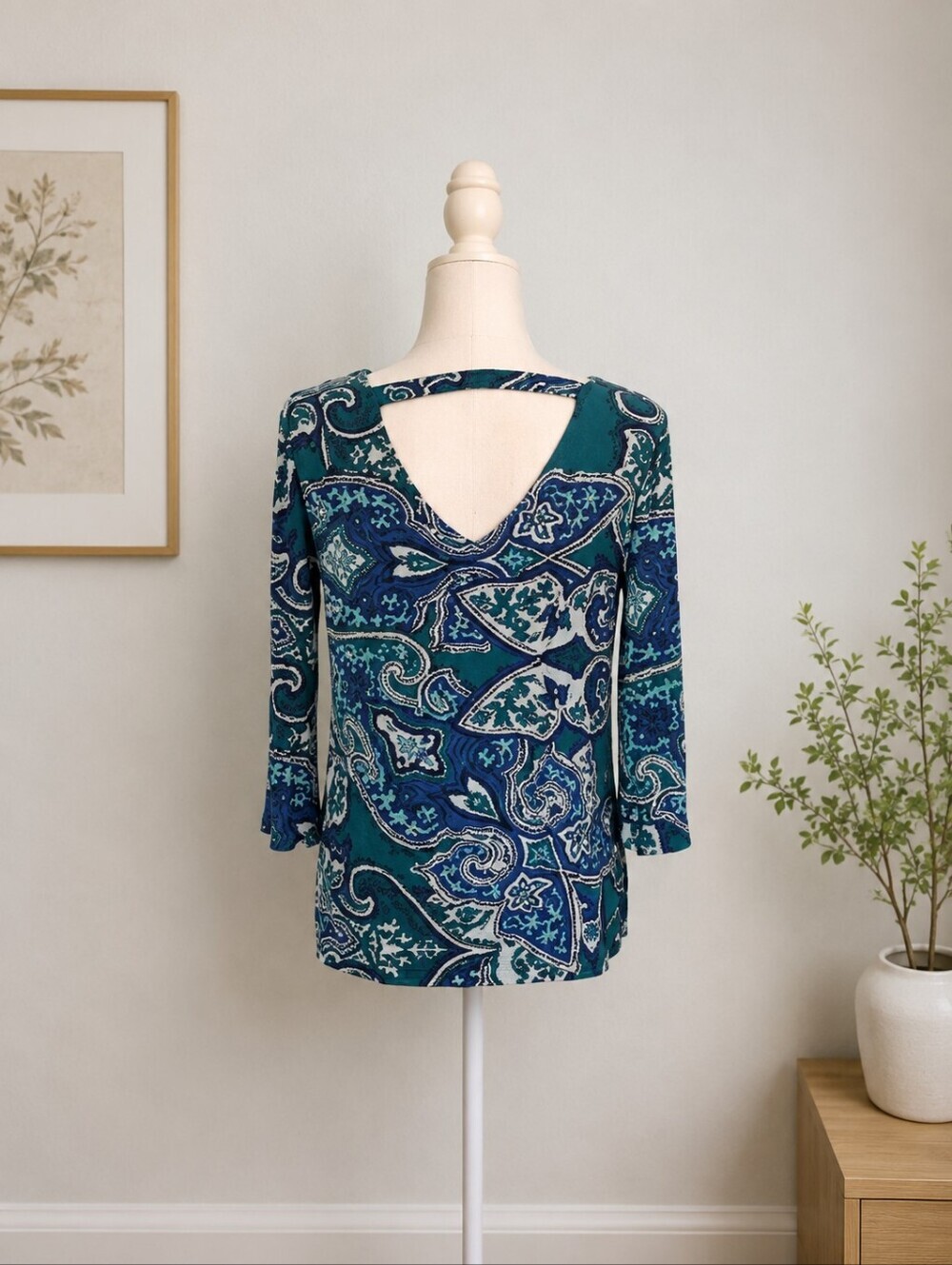 Chico's Travelers Teal Blue Paisley Print Top Women's Size 0P Petite (Small) - Picture 3 of 7